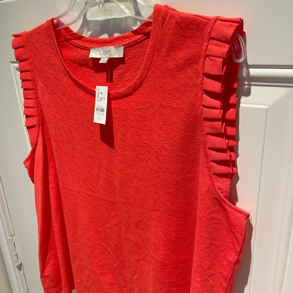 LOFT Coral Red Orange Solid Ruffle Trim Crew Neck Sleeveless Top Size XL - NEW - Picture 6 of 8